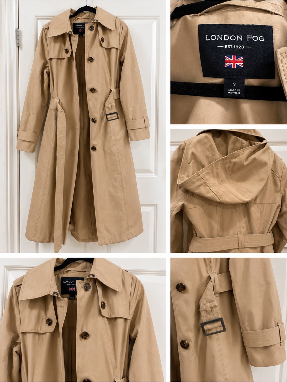 London Fog Tan Classic Trench Coat with Belt and Detachable Hood